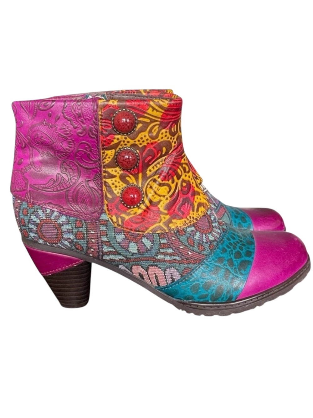 Socofy Leather Tapestry Patchwork 3" Heeled Boho Ankle Bootie (UE 39)